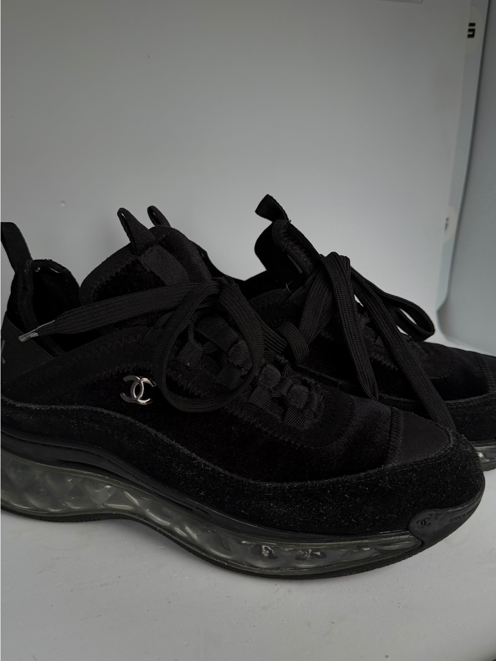 Authentic Chanel CC logo black suede bubble sole sneakers